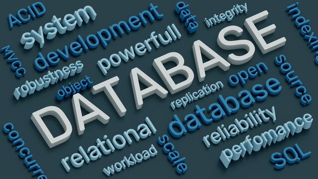 DATABASE text and word cloud around it. Isometric view. 3d illustration.