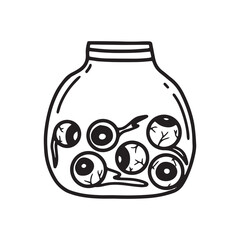 Bank with eyes. Doodle style. Vector illustration. Human eyes in a jar. Halloween.