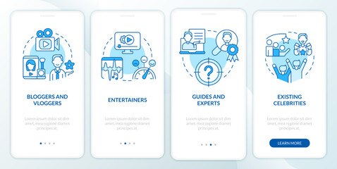Types of creators blue onboarding mobile app screen. Content makers walkthrough 4 steps editable graphic instructions with linear concepts. UI, UX, GUI template. Myriad Pro-Bold, Regular fonts used