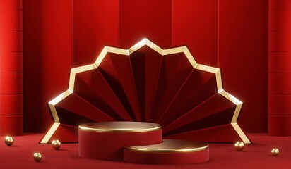 3D rendering of blank product background for cream cosmetics Modern red podium background