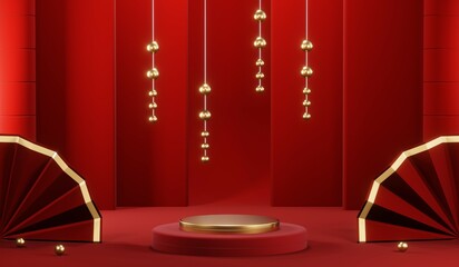 3D rendering of blank product background for cream cosmetics Modern red podium background