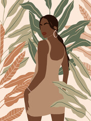 Boho poster with Abstract Woman portrait, exotic tropical Leaves on Pastel Background. Minimalist Woman illustration for poster, banner, placard, print, canvas in earth tone. Vector