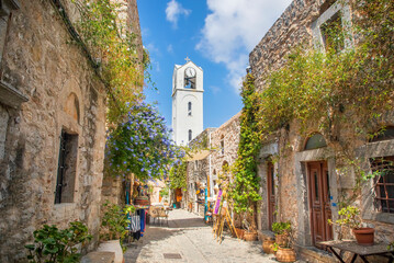 Chios Island, Greece - August 27, 2022. Mesta village street view in Chios Island, Greece. The...
