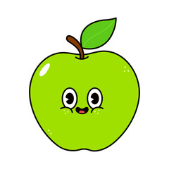 Cute funny green apple icon character. Vector hand drawn traditional cartoon vintage, retro, kawaii character illustration icon. Isolated on white background. Green apple character concept