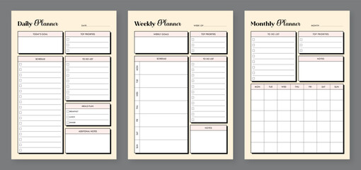 Daily, weekly, monthly planner template. 3 Set of minimalist planners. Trendy Stylish Modern Planner Template. Planner Bundle Design. Printable Planner Set.