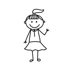 Cute stick smiling girl. Vector illustration in doodle style isolated on white