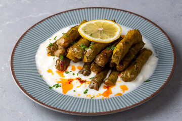 Traditional delicious Turkish cuisine; Leaf wrap - stuffed leaves served with yoghurt. Turkish name; yogurtlu yaprak sarmasi