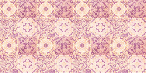 Old pink beige vintage worn geometric shabby mosaic ornate patchwork motif porcelain stoneware tiles,  square stone concrete cement tile mirror wall texture background pattern