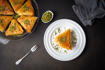 Traditional Turkish desserts; custard triangular dessert, albanian dessert ( Turkish name; Arnavut tatlisi or muhallebili muska tatlisi)