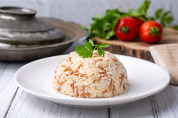 Traditional delicious Turkish food; Turkish style rice pilaf (Turkish name; Arpa sehriyeli pirinc pilavi)