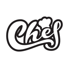 Chef logo.Vector hand lettering. icon. White letters in black outline, white background. Digital illustration for restaurant menu cafe shop banner poster. Trendy picture for cooking business and cook.