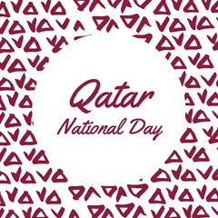 Illustration of qatar national day text in white circles with maroon doodles, copy space