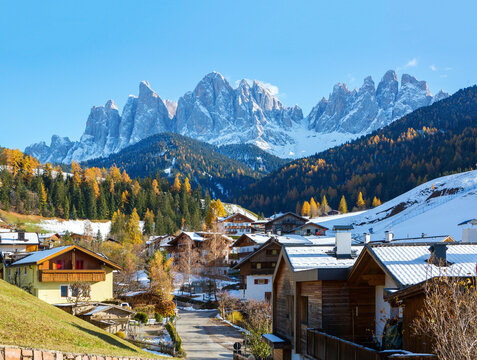  Santa Maddalena village street view  in late autumn, Val di Funes valley, South Tyrol, Dolomite mountains, Northern Italy