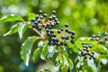 A spring branch of an elderberry plant with berries. The concept of nature and botany.