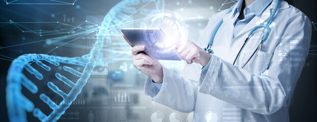 Woman doctor or scientist touching digital tablet analyse holographic human DNA structure. Advanced...