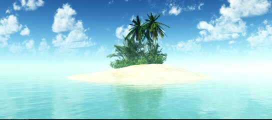 Beautiful sea landscape with an island with palm trees, a tropical island with palm trees in the middle of the ocean, 3d rendering © ustas