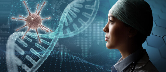 Young medical doctor facing virus and DNA strand model. Conceptual image for concerning about new...