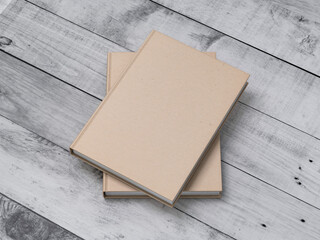 Two Beige Notebook Mockups with textured kraft hardcover on wooden table. 3d rendering