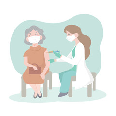 Time to vaccinate. Doctor in clinic giving vaccine to elderly people. senior woman and doctor. vaccination of the elderly. flat design vector illustion.