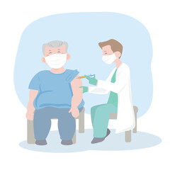 Fototapeta na wymiar Time to vaccinate. Doctor in clinic giving vaccine to elderly people. senior fat man and doctor. vaccination of the elderly. flat design vector illustion.