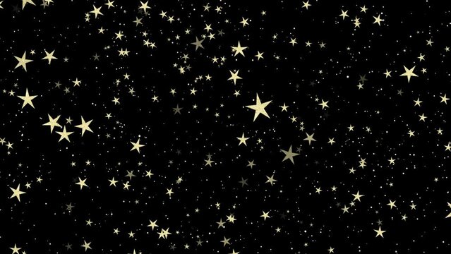 Flying golden stars. Black background. Overlay. Abstract stars for party, birthday. 23,98 fps