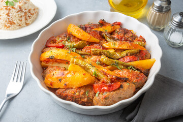 Traditional Homemade Turkish Food Kofte - Kofta with Tomato Sauce and Potatoes. (Turkish name; Izmir kofte)