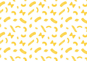 Pasta noodle. Pattern of traditional pasta shapes. Different types of macaroni. Vector illustration.