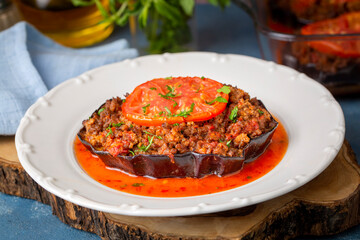 Traditional, delicious Turkish food, eggplant dish. Turkish name; Patlican oturtma