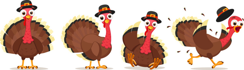 Set of turkey character in different poses on a white. Thanksgiving Day - obrazy, fototapety, plakaty