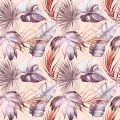 Seamless watercolor pattern with tropical leaves, branches. Hand painted tropical background. High quality illustration