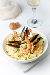 Mediterranean risotto with shrimps, mussels, octopus and clams. Seafood risotto