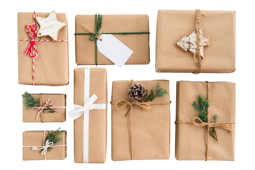 Christmas rustic present gift boxes collection with tag for Merry Christmas and New year holiday. View from above.