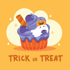 Halloween cupcake with fresh Blueberries.sweet dessert with blueberry flavor.Cute ghost wearing pumpkin hat holding.vector illustion for bakery shop.Halloween party.