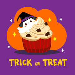 Cute Halloween cupcake cartoon.Trick or treat.vector illustion.kawaii Halloween concept.home made and Fresh baked Sweet and dessert.