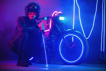 A motorbiker with katana sword near the futuristic motorbike and shooting. Cyberpunk concept.