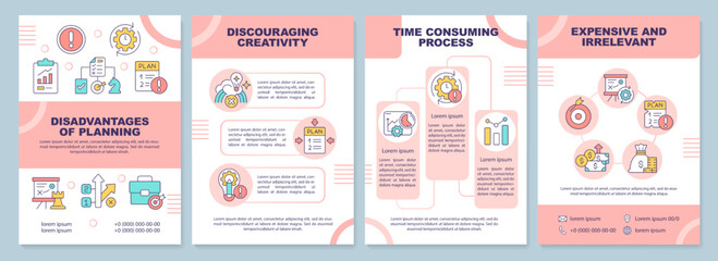 Disadvantages of planning pink brochure template. Bad strategy. Leaflet design with linear icons. Editable 4 vector layouts for presentation, annual reports. Arial-Black, Myriad Pro-Regular fonts used