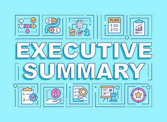 Executive summary word concepts blue banner. Short business plan. Infographics with editable icons on color background. Isolated typography. Vector illustration with text. Arial-Black font used