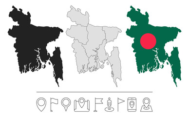 Set of different Bangladesh maps with national flag. Navigation line icons. Vector illustration.