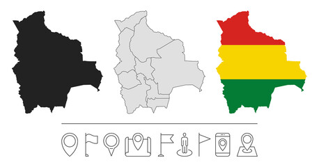 Set of different Bolivia maps with national flag. Navigation line icons. Vector illustration.