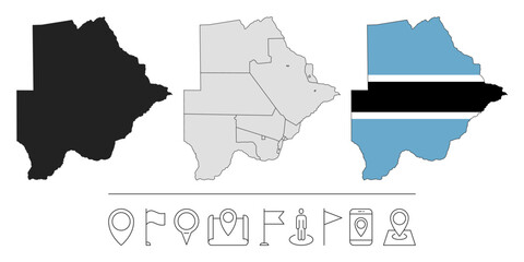 Set of different Botswana maps with national flag. Navigation line icons. Vector illustration.
