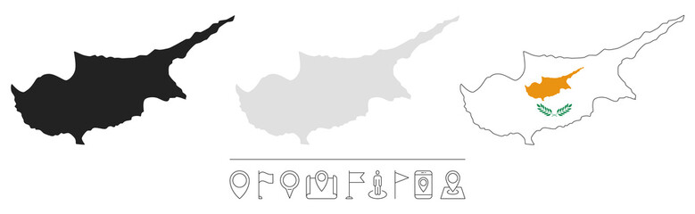 Set of different Cyprus maps with national flag. Navigation line icons. Vector illustration.