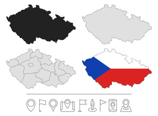 Set of different Czech Republic maps with national flag. Navigation line icons. Vector illustration.