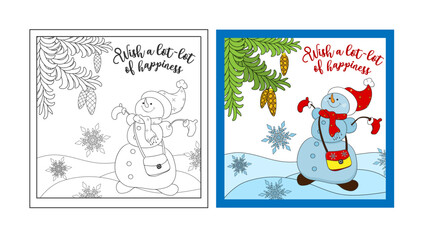Christmas, New Year card with Snowman. Postcard template for coloring and color sample postcard