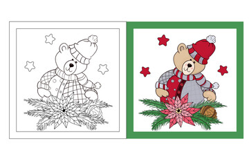 Christmas, New Year card. Colored postcard with a bear as a sample for coloring a postcard template