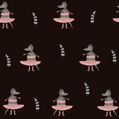 Seamless pattern with wolf ballerina on pink tutu skirt and top. Cute forest animal on black background. Illustration for kids design, textile, paper, books, nursing, greeting, school wallpapers.
