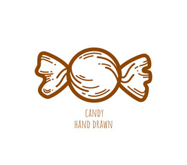 One small round wrapped candy on white background. Caramel vector icon. Sweet store logo. Chocolatier. Decorative linear art element for cafe menu design, advertising layout. World Candy Day. Emblem