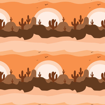 Vector illustration wild west childish seamless pattern. Sunset in the wild west desert with cacti in flat cartoon style. Fashionable funny pattern of cowboys,Navaja in the countryside.