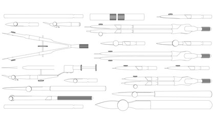 Set with contours of measuring instruments, compasses from black lines isolated on a white background. View from above. Vector illustration.
