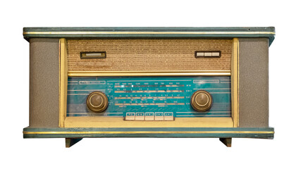 Vintage radio receiver - antique wooden box radio isolate for object, retro technology