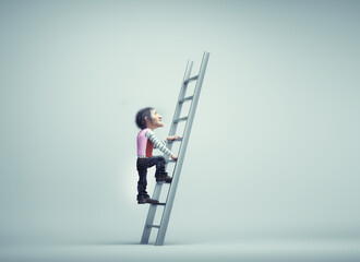Man climbing on a ladder. Illusion mindset and growth concept. This is a 3d render illustration
